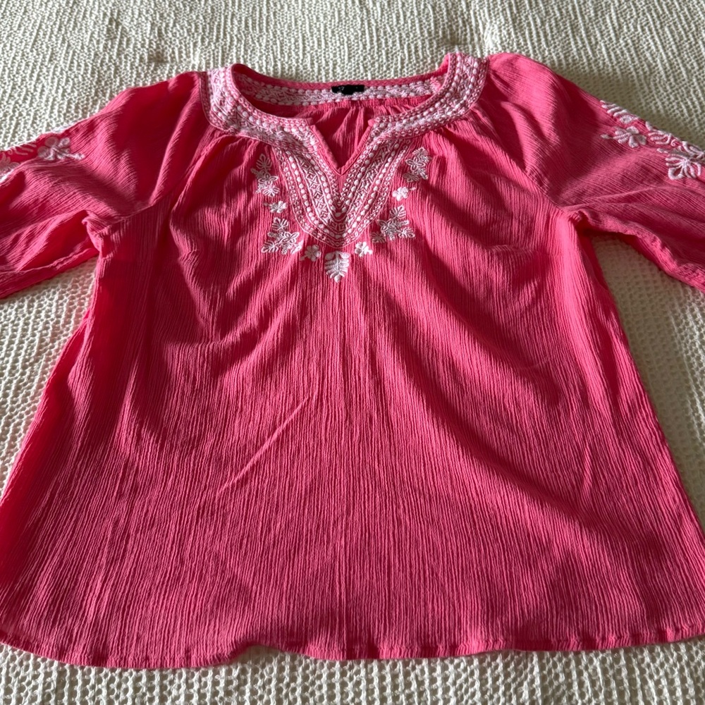 Talbots Coral Blouse with White Embroidery